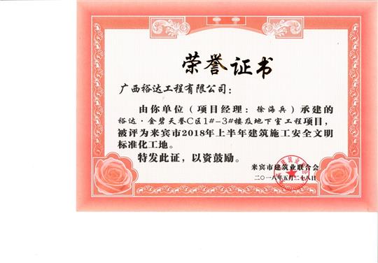 来宾市2018年上半年建筑施工安全文明标准化工地裕达·金碧天誉C区1#-3#楼及地下室乐动手机平台-乐动（中国）
项目